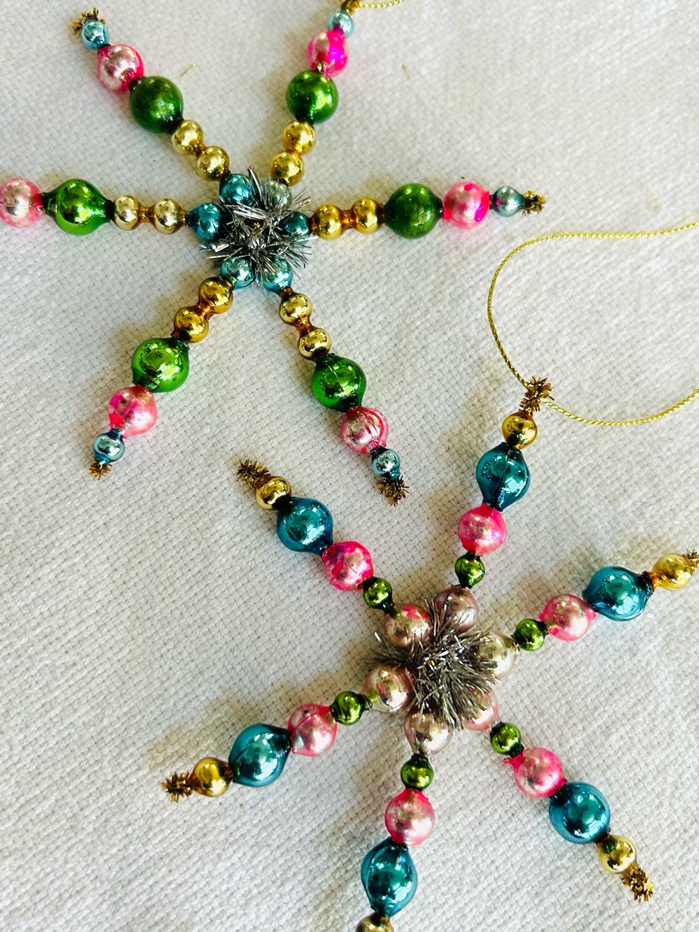 Vintage repurposed mercury, glass bead flowers holiday Christmas ornaments
